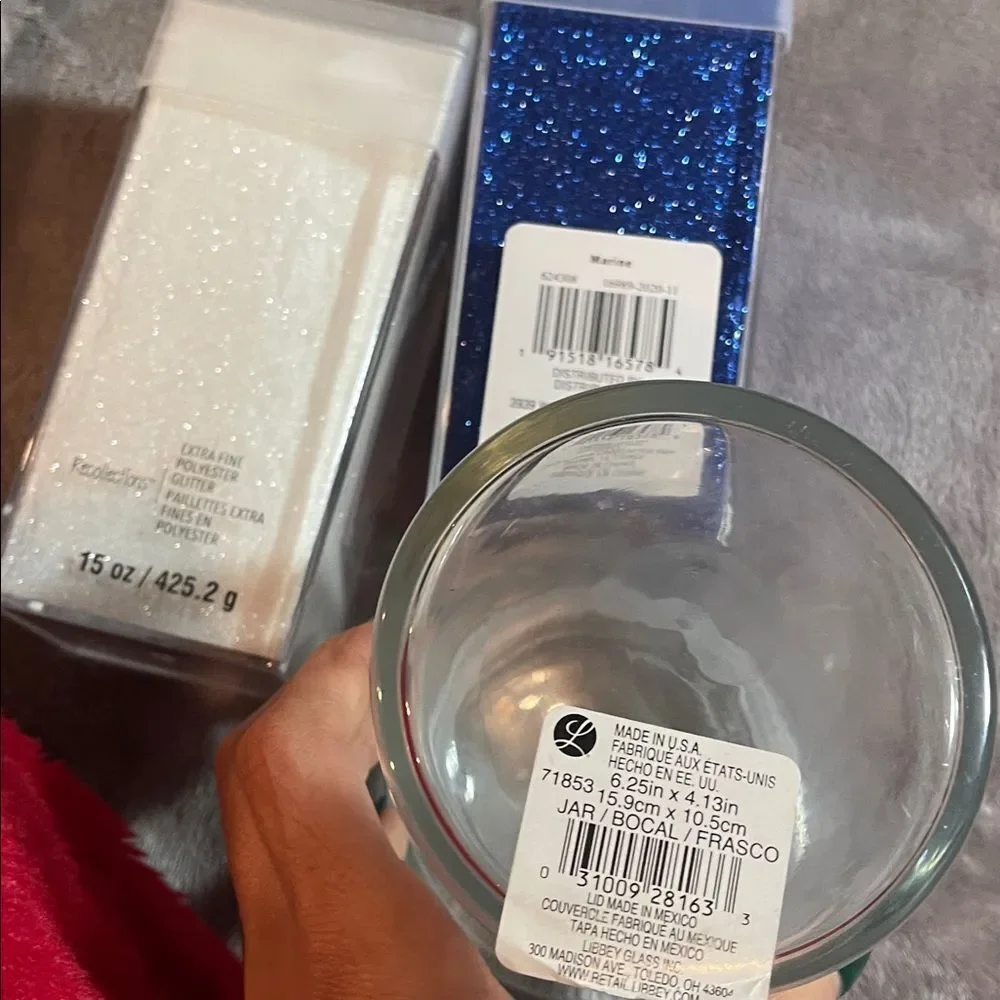 Glass jar and blue and white polyester extra fine glitter